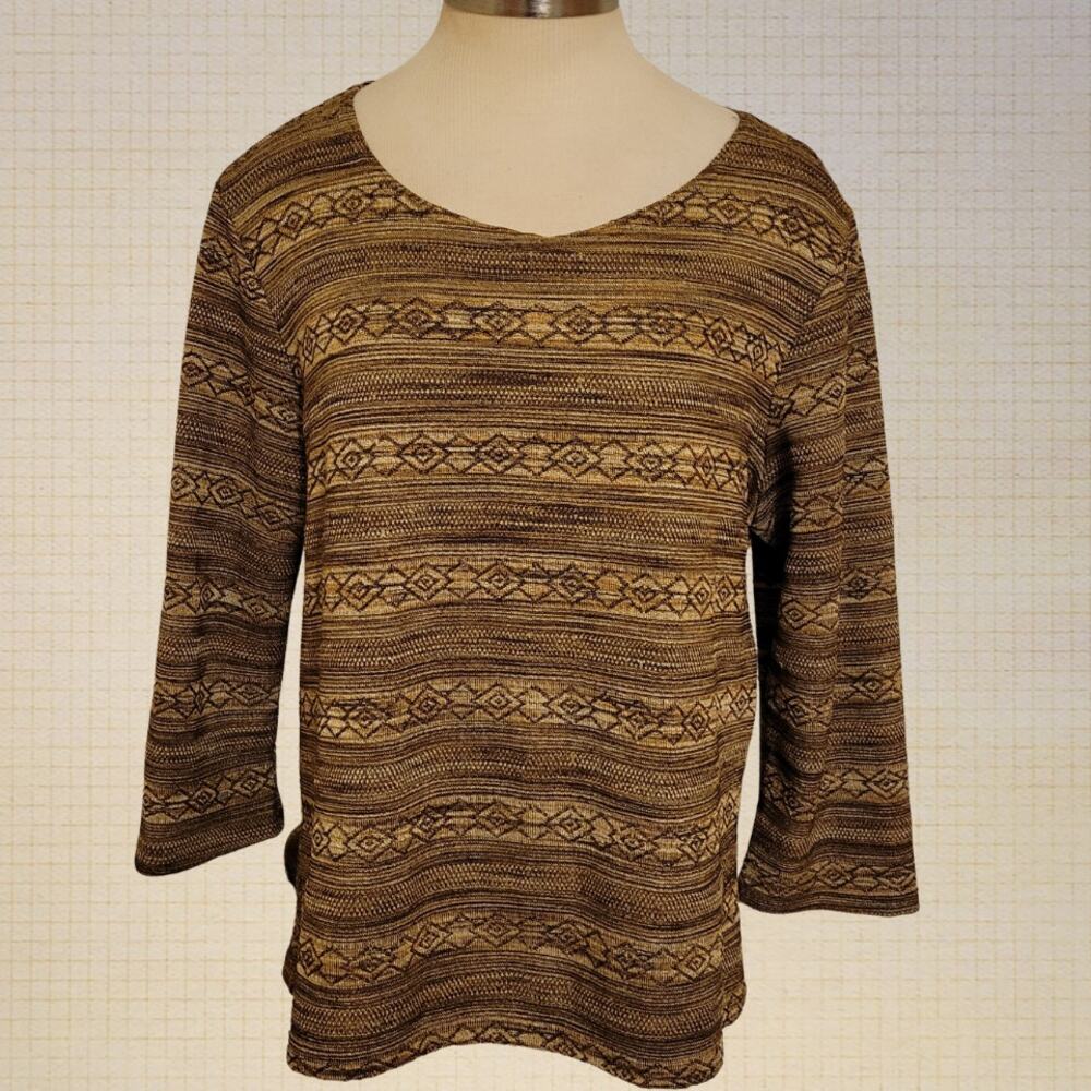 1990s Cottagecore Kathy Lee Stretch Striped Square Pattern Top Large Beige Longs
